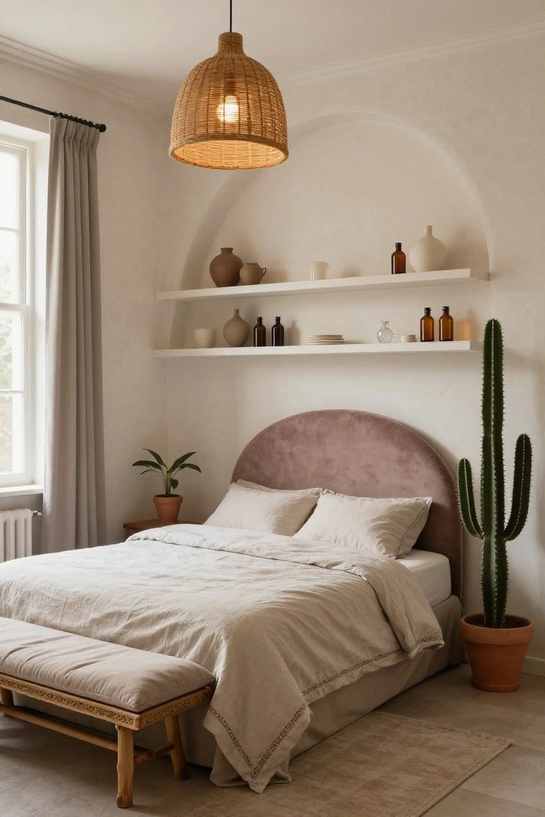 Cozy bedroom with a pink upholstered headboard, neutral linens, plants, and decorative shelves.