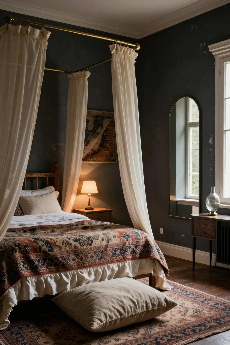 A bedroom with a wooden four-poster bed draped in sheer white curtains from a brass frame, topped with a multicolored patterned quilt and pillows, dark green walls, wooden side tables with lamps, arched mirror, and patterned rug on wood floors.