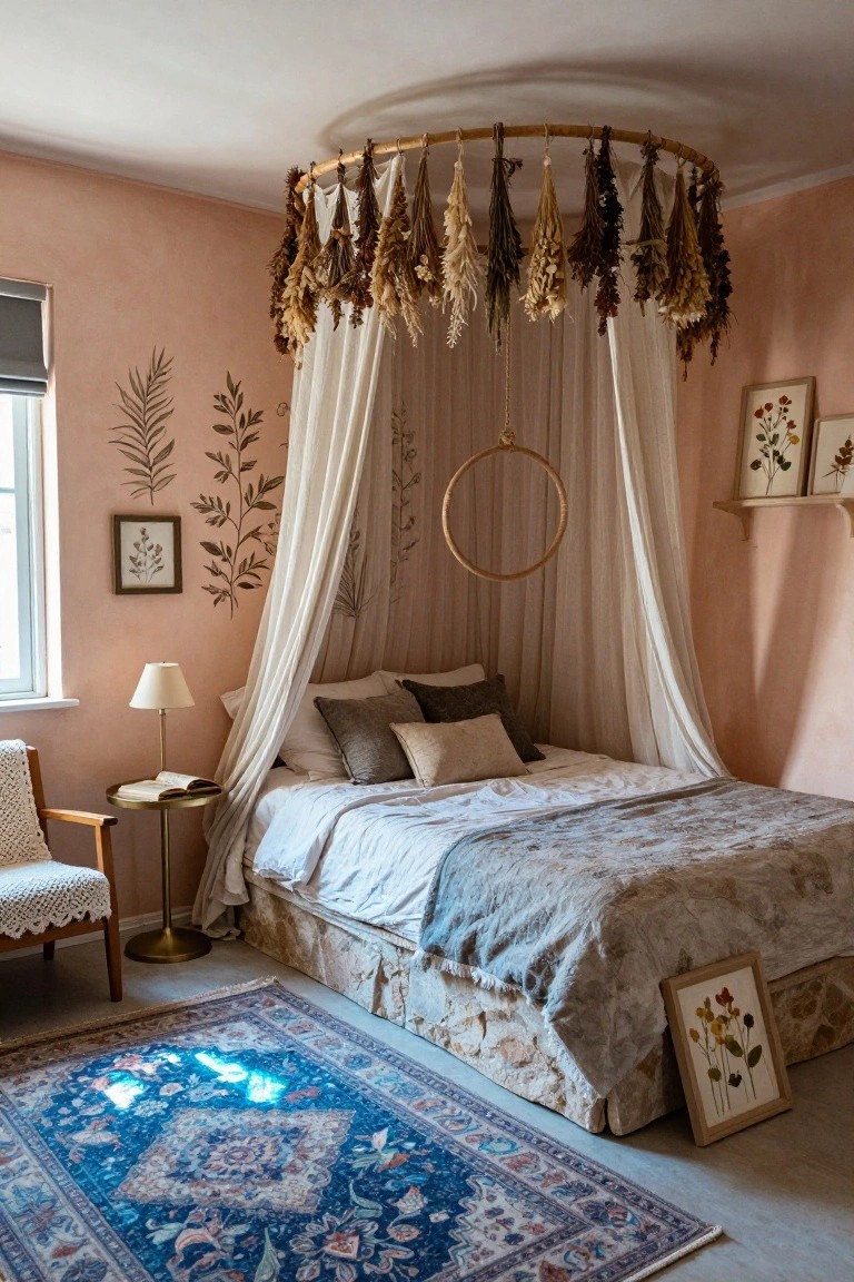 Pink-walled bedroom featuring a bed under a white sheer canopy suspended from a large rattan hoop with hanging dried grasses and flowers, gray pillows, side table with lamp, botanical prints, and blue rug on wood floor.