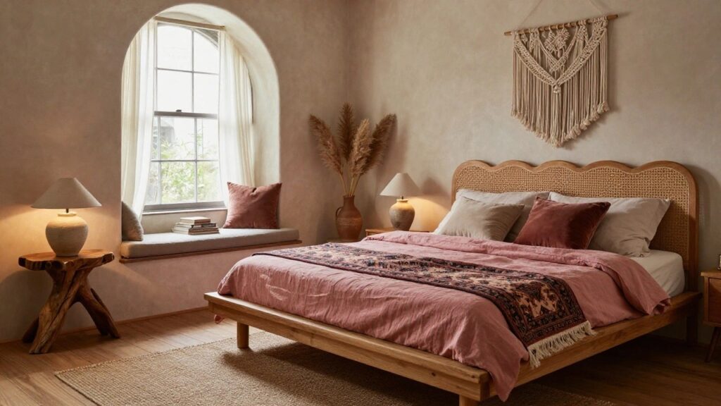 Bedroom with curved rattan headboard, pink linen duvet and pillows, terracotta vase of pampas grass by arched window, macrame wall hanging, and wood side tables on light wood floor.