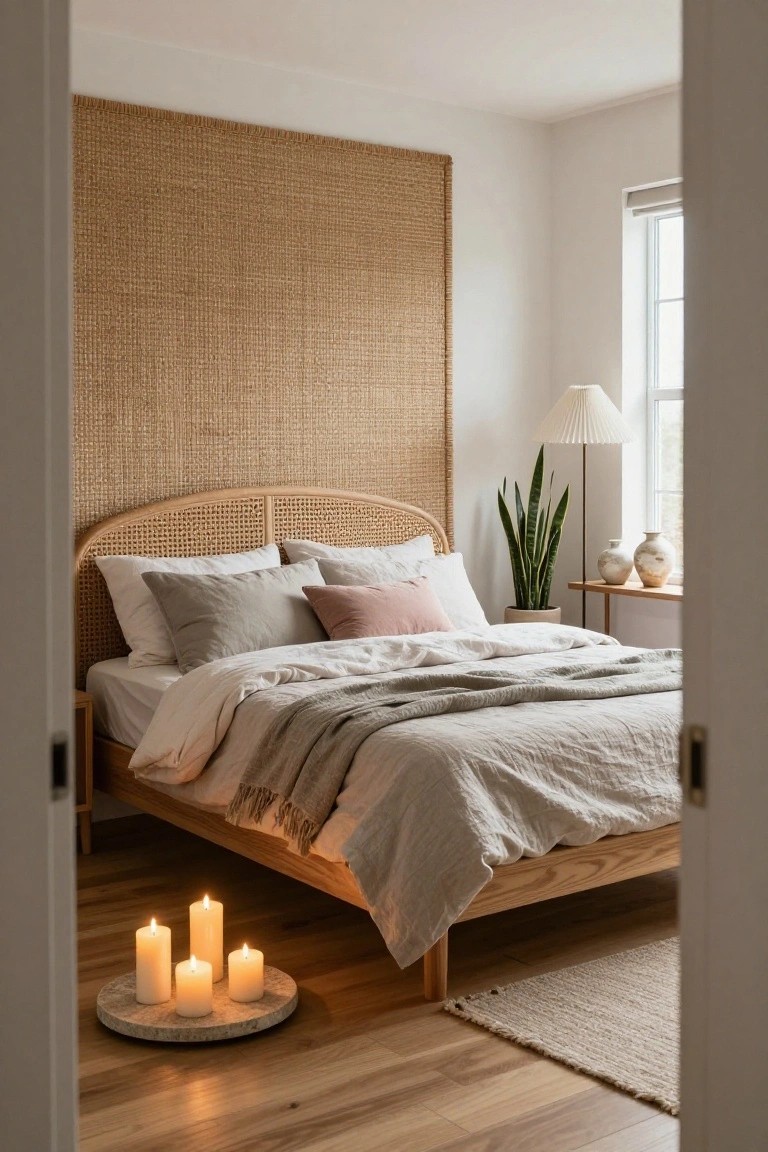 Bedroom viewed from open doorway featuring a wooden bed frame with curved rattan headboard against woven bamboo wall panel, neutral pillows and linens, snake plant on side table with vases, floor lamp by window, and four lit pillar candles on stone tray on wooden floor.