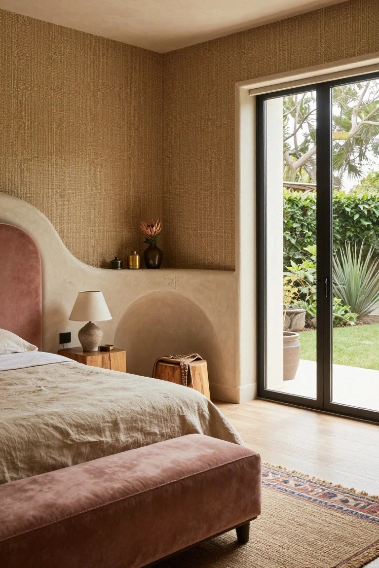 Bedroom with curved pink velvet headboard integrated into beige sculpted plaster wall niche holding protea flower and vases, wooden nightstand with lamp, white linen bed, pink velvet bench, seagrass rug, and black sliding glass doors to garden with plants and grass.