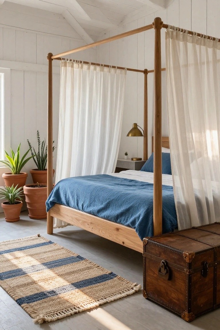 Wooden four-poster bed with white sheer curtains draped from the canopy, blue textured bedding, potted plants in terracotta pots, striped woven rug, and vintage wooden trunk in a white-walled bedroom with beamed ceiling.