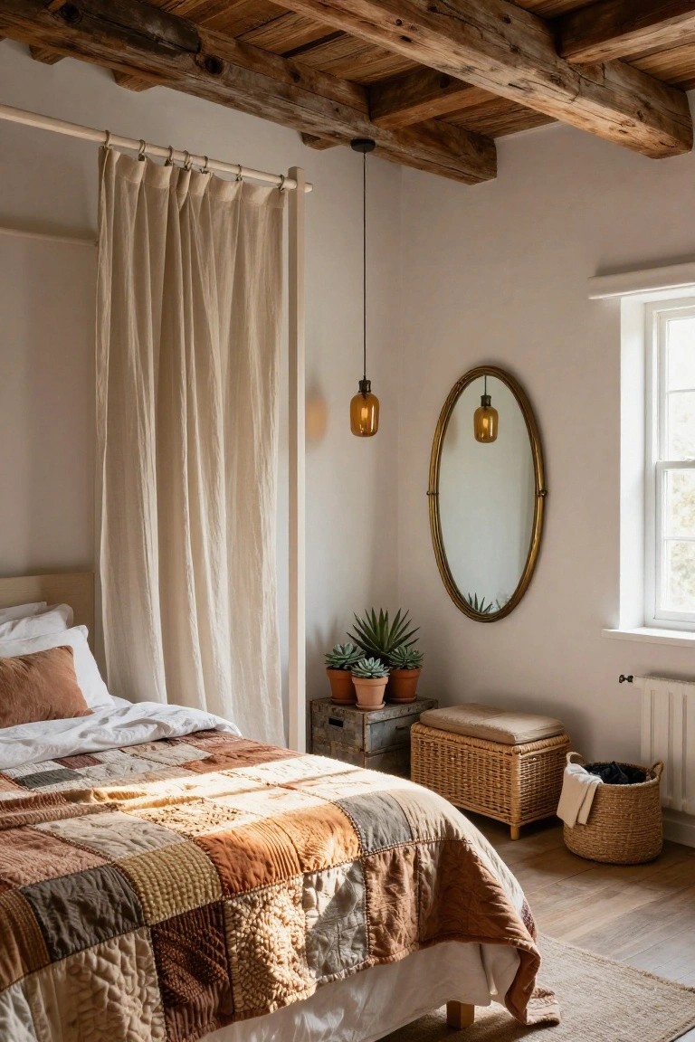 Bedroom corner featuring a low wooden bed frame draped with sheer beige linen curtains from a freestanding canopy pole, patchwork quilt bedding, oval gold mirror with plants nearby, exposed wooden beam ceiling, and amber pendant lights.
