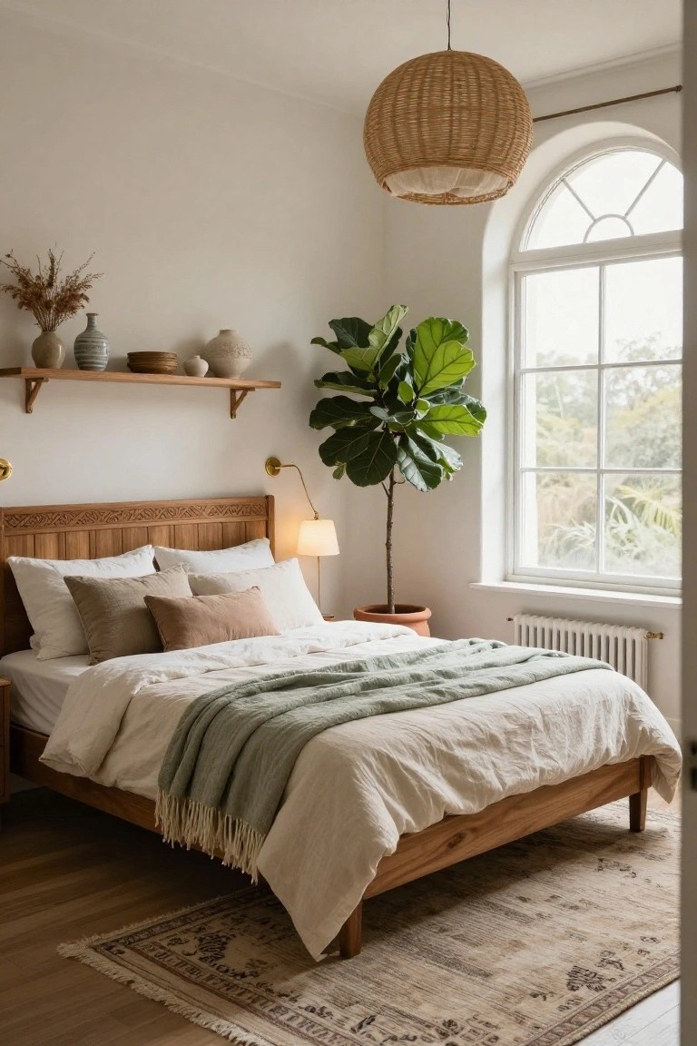 Cozy bedroom interior featuring a wooden bed with neutral linens and green throw, tall fiddle leaf fig in terracotta pot by arched window, woven pendant light, wall sconce, shelves with pottery and dried grasses, and patterned rug on wood floor.