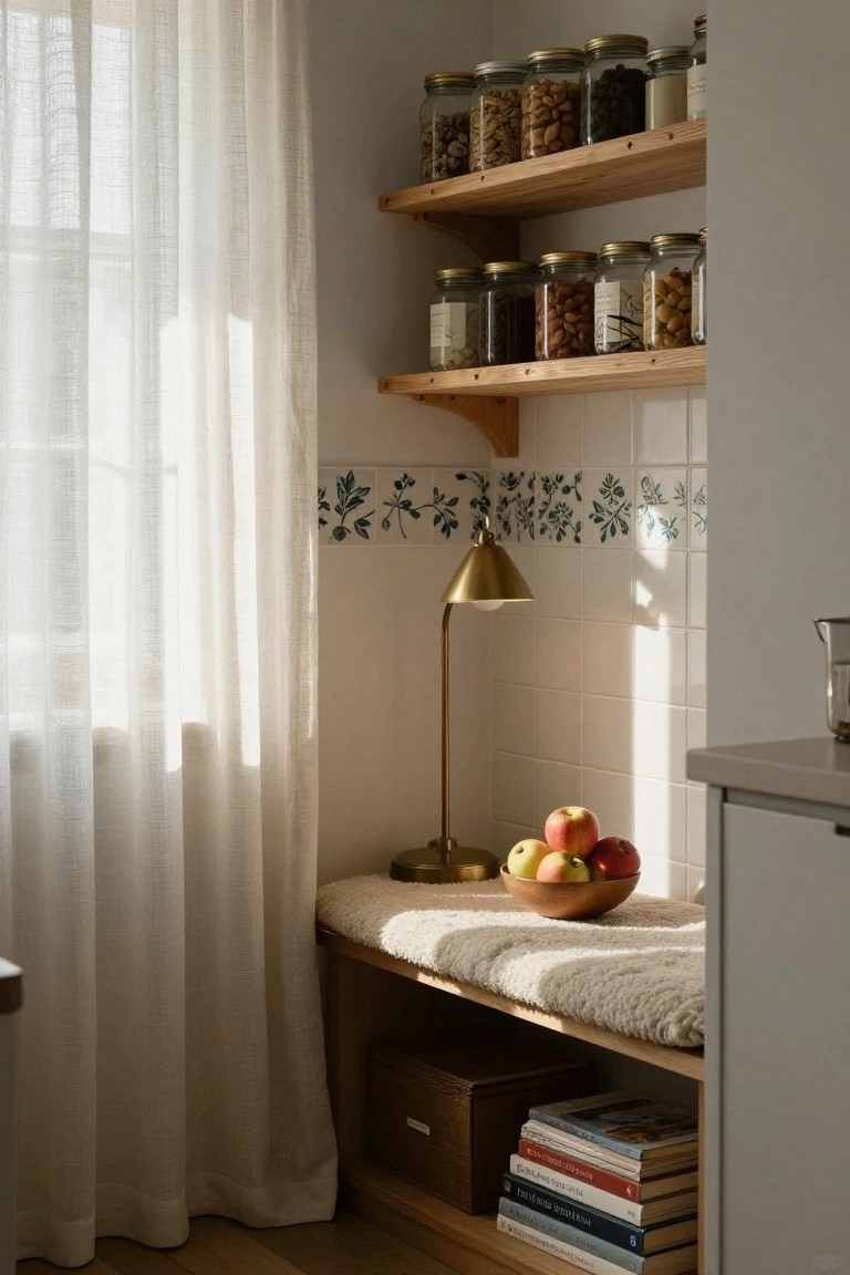 Kitchen nook with open wooden shelves holding glass jars of nuts, seeds, and grains, brass lamp on white tiled backsplash with green leaf tiles, sheer curtains at window, wooden bowl of apples on sheepskin-covered bench seat, books and box stored below bench.