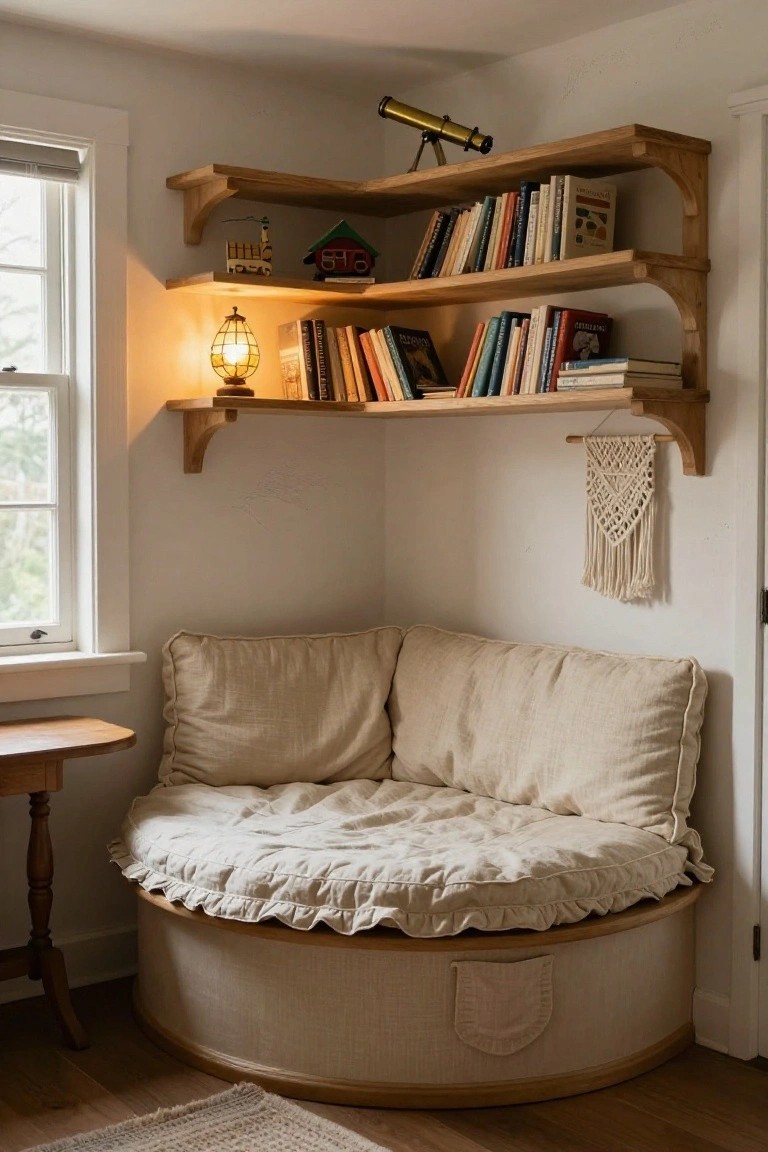 Corner indoor reading nook with oak corner bookshelves holding books and decor, a curved fabric-covered bench seat with cushions, a small wooden side table, lantern lamp, telescope model, and macrame hanging on white walls near a window.