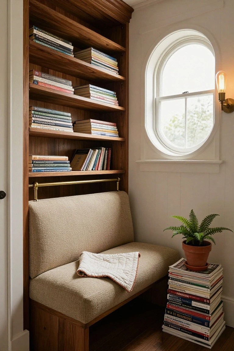 Tall walnut bookshelves line a white wall with a built-in beige upholstered bench seat below a round window, brass wall lamp, potted fern plant, and stack of magazines on a pedestal beside the bench.