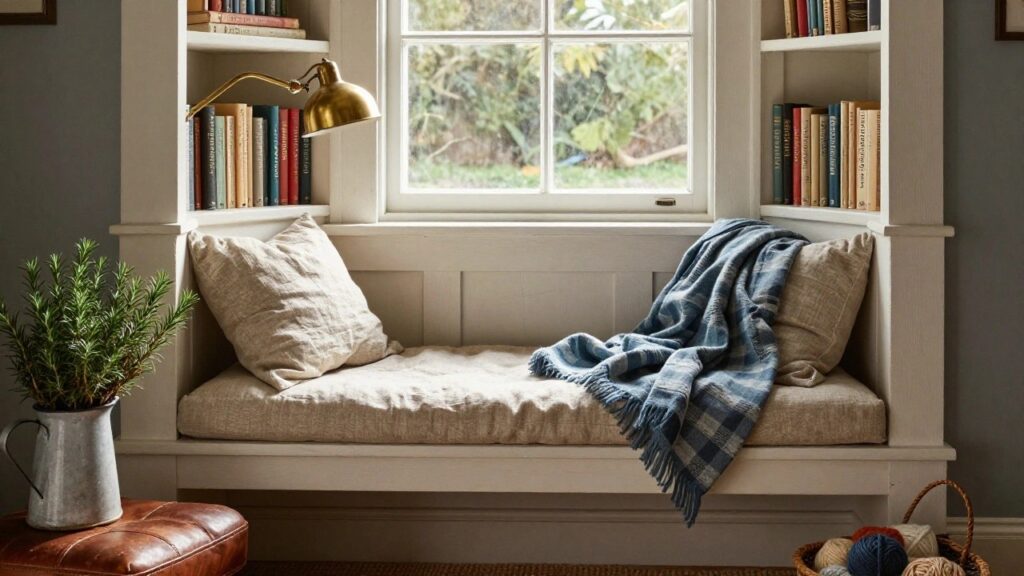 White built-in bookshelves frame a cushioned window seat with beige pillows, blue plaid throw blanket, gold arc lamp, potted rosemary in white pitcher, yarn basket, and tan leather ottoman on seagrass rug.