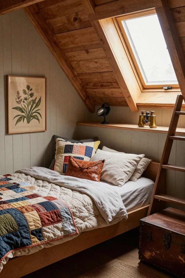 Small attic bedroom with sloped wooden ceiling and beams, ladder leading to low wooden bed with colorful quilted bedding and pillows, skylight window, botanical wall print, brass binoculars on shelf, and wooden trunk on floor.