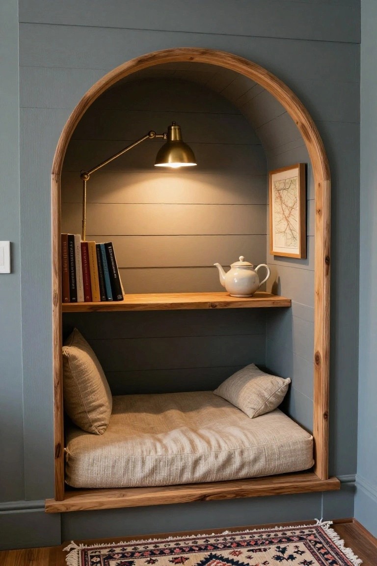 Wooden arched alcove built into gray shiplap wall with upper oak shelves holding colorful books and white teapot, lower cushioned linen bench with pillows, brass gooseneck lamp lit, framed map print, and Persian rug on wood floor.