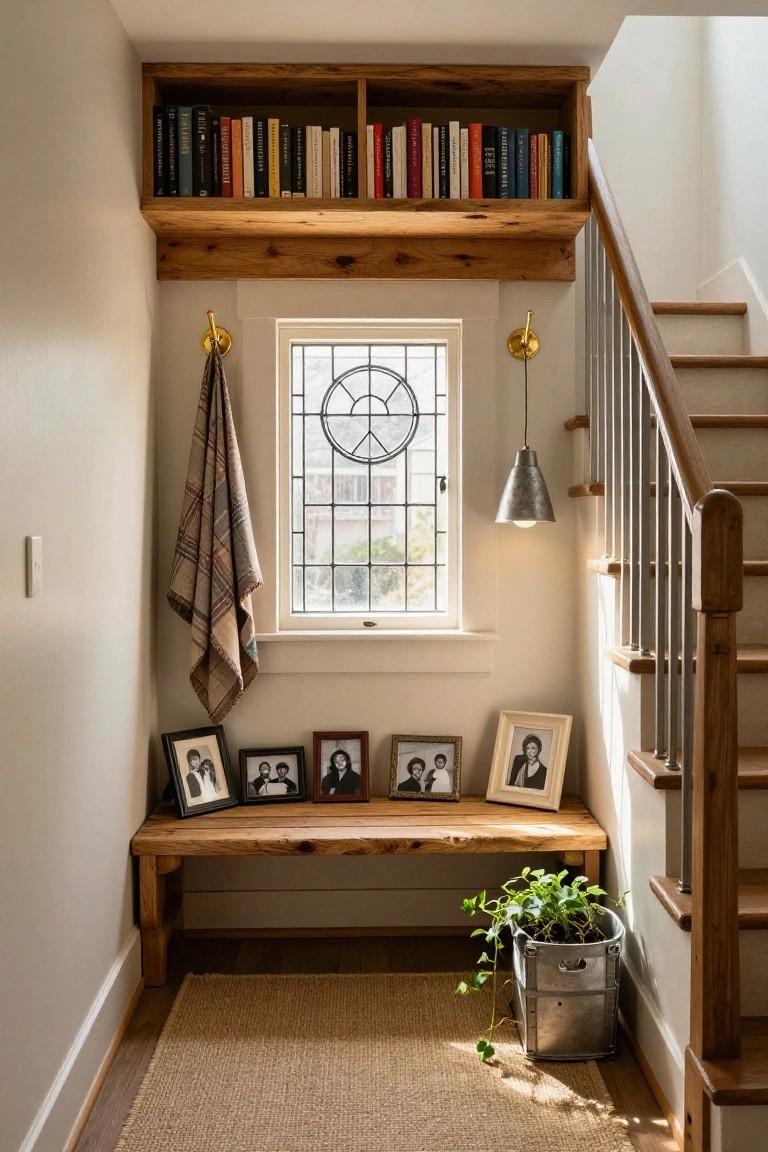 Cozy indoor reading nook with a wooden bench under open wood bookshelves next to a staircase, featuring a stained glass window, hanging plaid towel, family photos in frames, and a metal bucket planter with greenery on a seagrass rug.