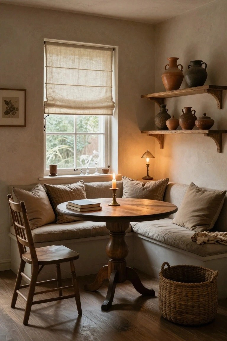 Light beige corner bench seat with wooden pedestal table holding a book and candle, surrounded by pillows, near a window with linen shade, shelves with terracotta pots, a lamp, glassware, and wicker basket on wood floor.