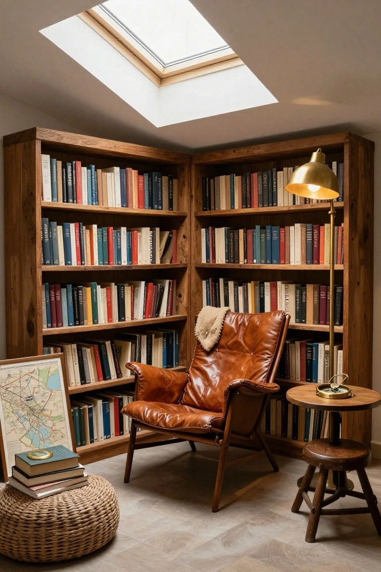 Corner reading nook with tall wooden bookshelves on two walls filled with colorful books, tan leather armchair, brass lamp on wooden side table, woven pouf stool, and wooden stool on light wood floor under skylight.