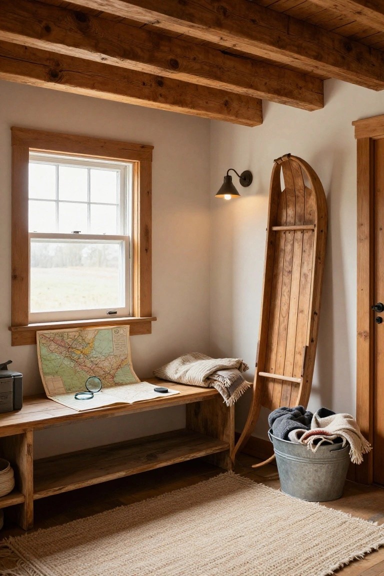 Rustic interior room with wooden ceiling beams, a bench holding a map and magnifying glass, tall wooden sled leaning against wall, blankets in metal bucket, next to window with fields outside.