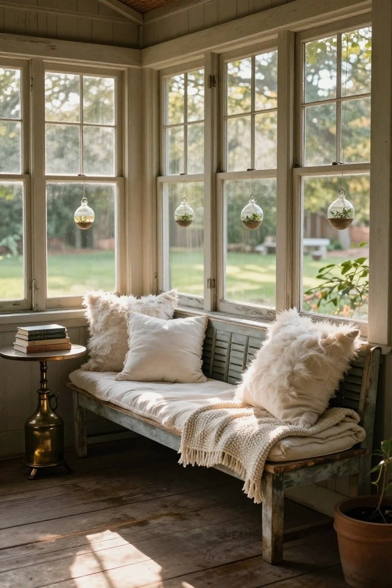Sunlit conservatory room with large multi-pane windows overlooking a green lawn, wooden bench piled with white fluffy pillows and cream cushions plus a knitted throw blanket, round side table holding stacked books next to brass lamp base, hanging glass terrariums with plants, potted plants, and wooden floors.