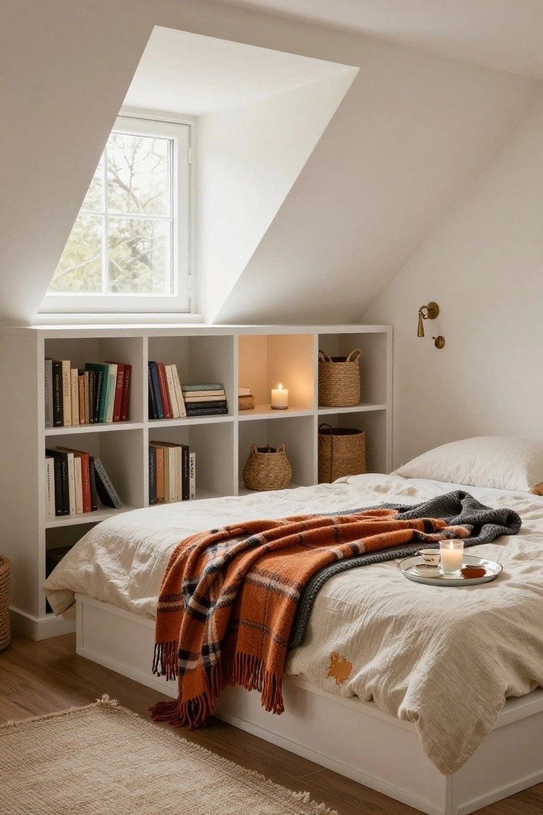 White built-in cubby bookshelves flanking a low white bed in an attic room under sloped ceiling, with orange plaid blanket, gray throw, candles, teacup tray on bed, and window overlooking trees.