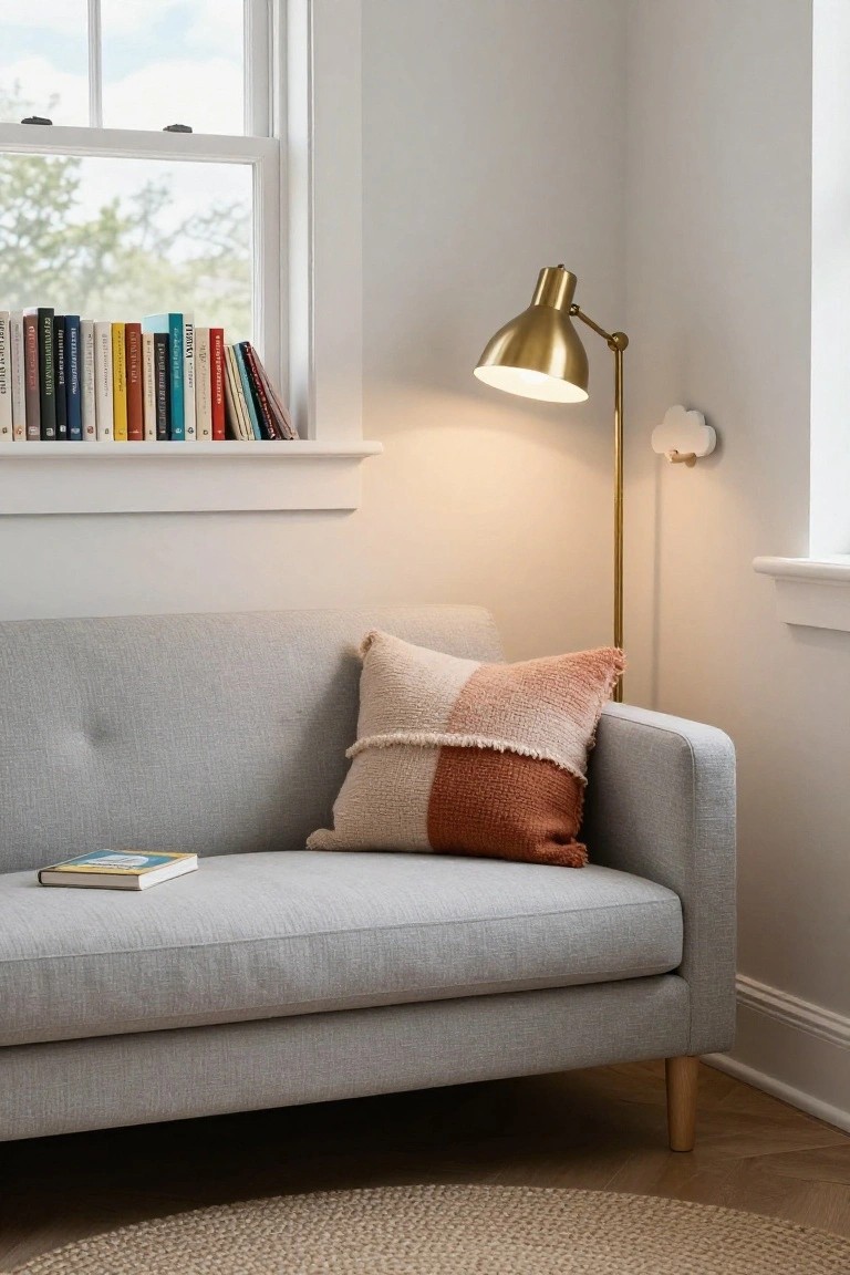 Gray sofa in corner of light room with brass arched floor lamp shining on checkered fringed pillow and open paperback book, bookshelves under window, seagrass rug on wood floor