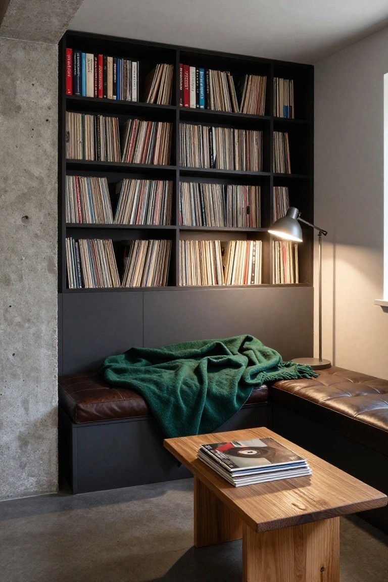 Modern indoor reading nook with floor-to-ceiling black bookshelves filled mostly with vinyl records, brown leather bench with green knit blanket draped over it, low wooden coffee table holding stacked magazines, adjustable metal lamp lit up, set against textured concrete wall and near a window.