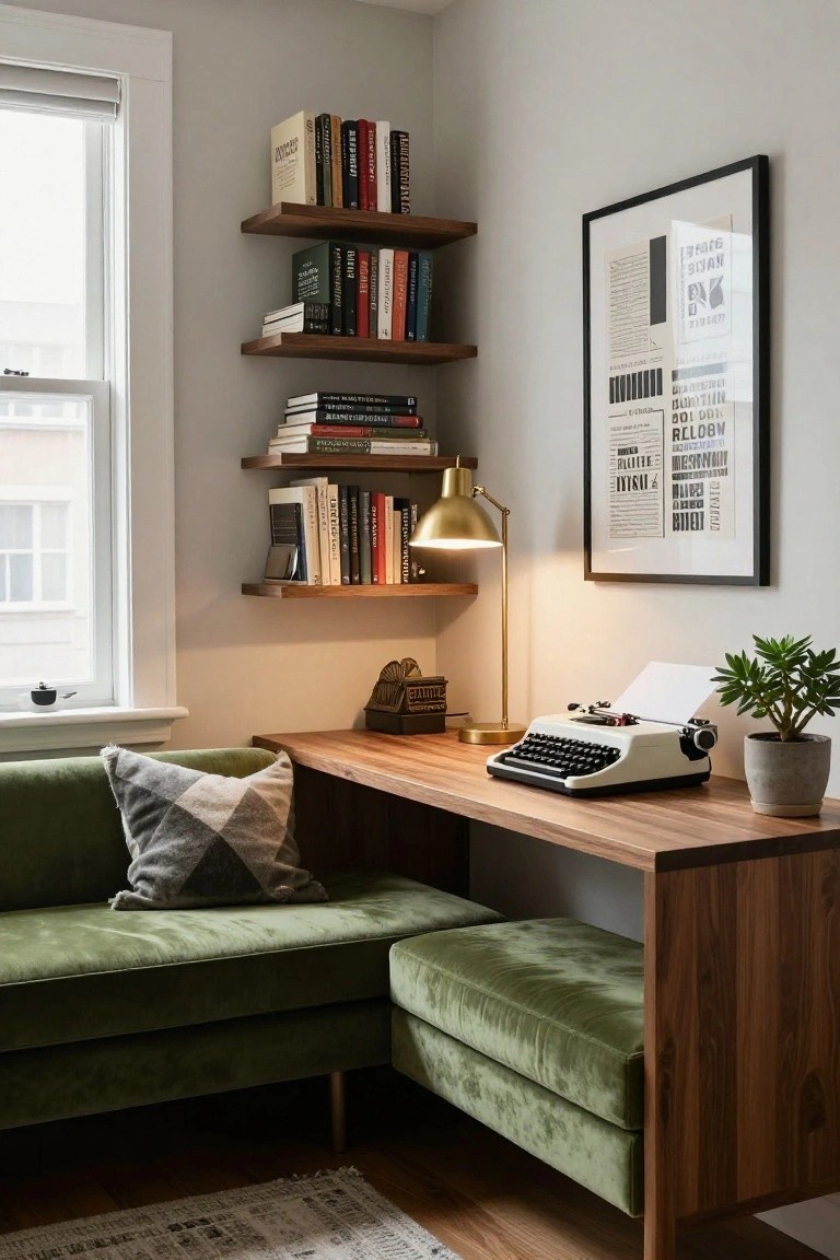 Interior corner with three floating wooden bookshelves holding various books, a framed black-and-white poster, brass desk lamp, vintage typewriter on wooden desk, green velvet bench seat, potted plant, and window with blinds.