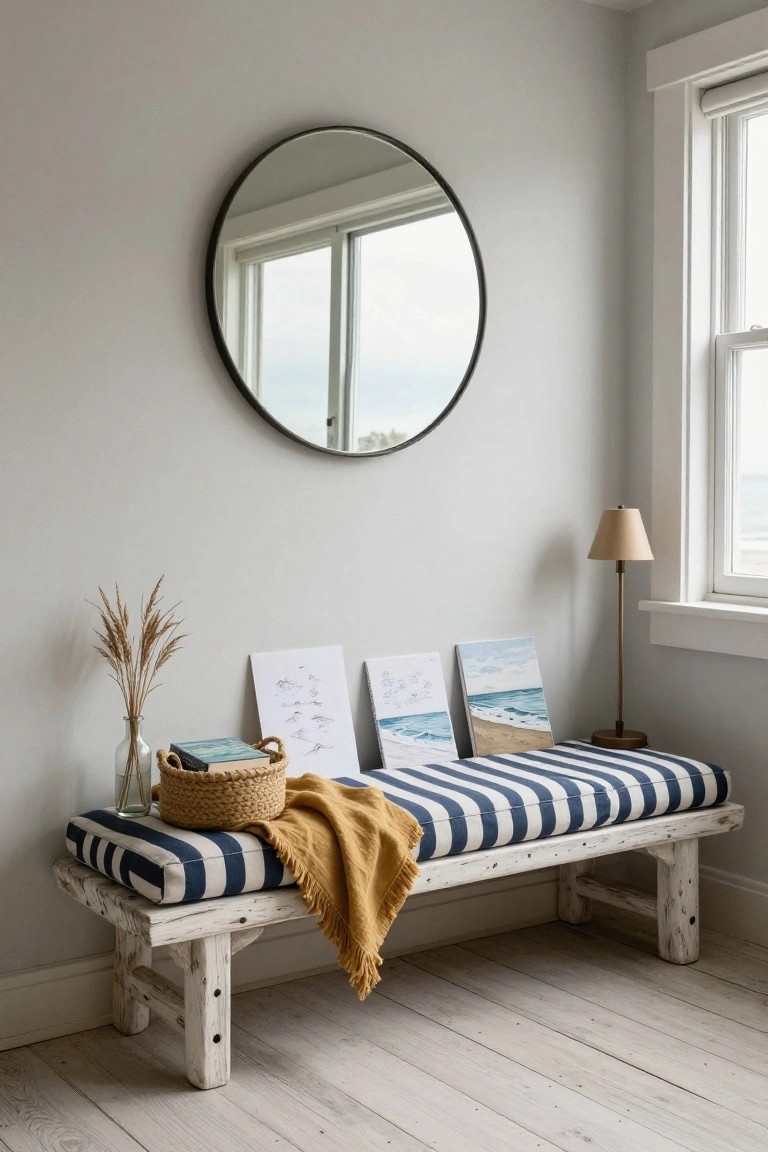Gray interior room corner featuring a white wooden bench with navy and white striped cushion, mustard yellow throw, woven basket with book, pampas grass in glass vase, two art prints, beige lamp, and round black mirror on wall next to window with sea view.