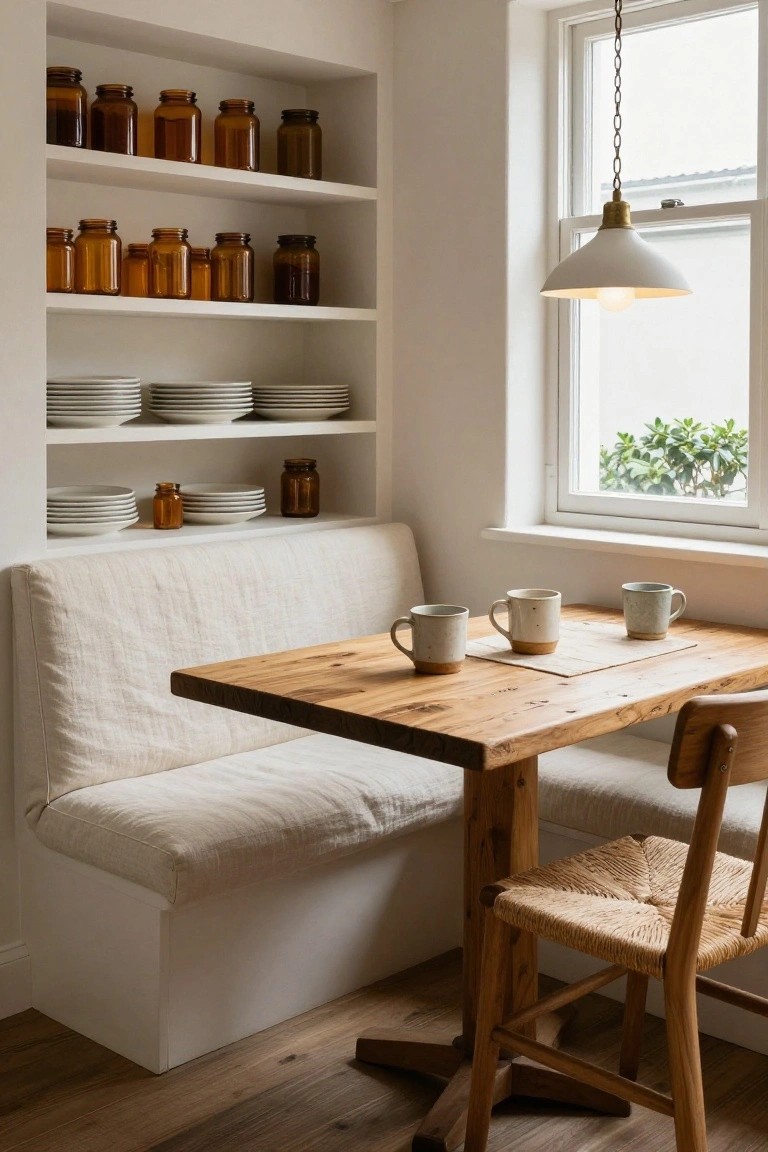 White kitchen nook with built-in shelves holding amber glass jars and white plates, linen-covered bench seating, wooden table with three ceramic mugs and woven placemats, wooden chair with rush seat, pendant lamp above a window showing greenery outside.