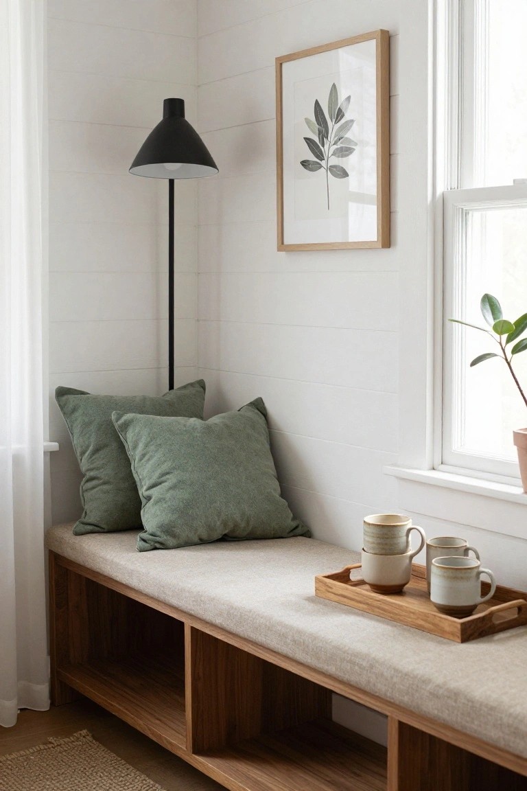 A white-walled indoor corner with a wooden built-in bench topped by a beige cushion and two green pillows, a black floor lamp nearby, a framed leaf print on the wall, a potted plant by the window, and a wooden tray holding four ceramic mugs on the bench seat.