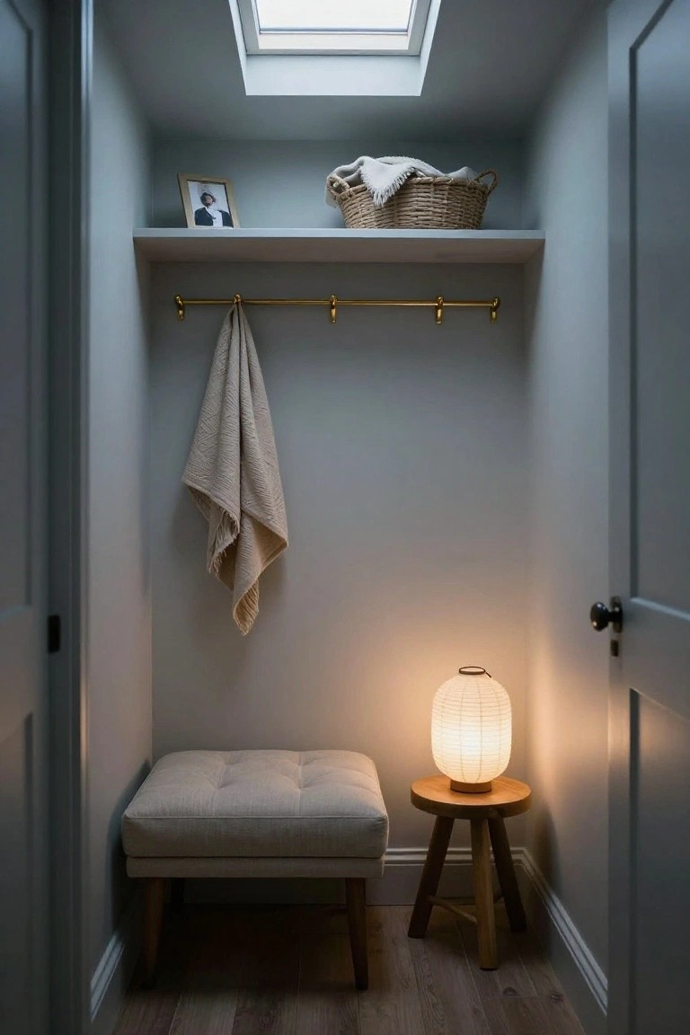Narrow light blue walk-in closet with double doors, wooden shelf holding photo frame and basket of blankets, gold hanging rail with draped linen towel, tufted beige bench, small wooden tripod table with white paper lantern lamp, skylight overhead, and wooden floors.