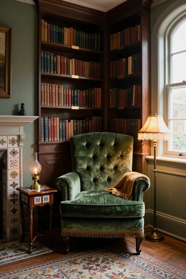 Cozy Green Velvet Armchair Reading Nook