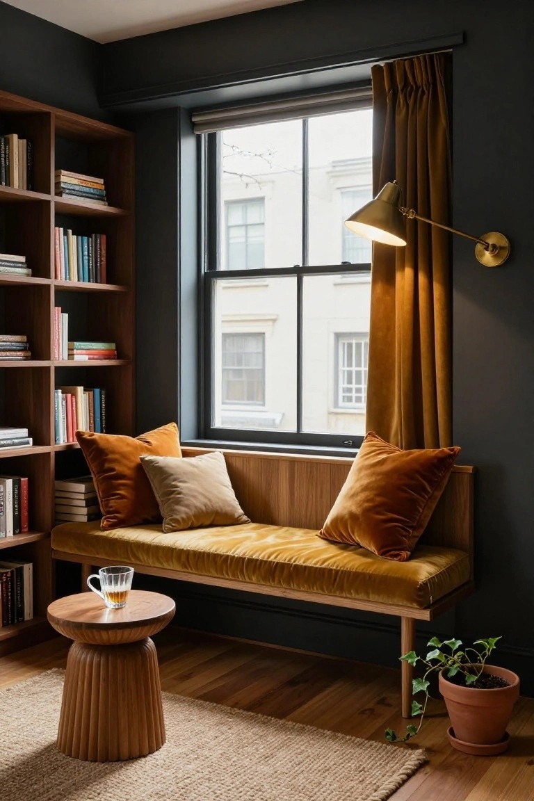 Dark-walled interior reading nook with wooden bookshelves filled with books, a built-in wooden bench upholstered in orange velvet with matching pillows, large window with amber curtains and roller shade, brass wall lamp, carved wooden pedestal table with glass of amber drink, potted ivy plant, and jute rug on wood floor.