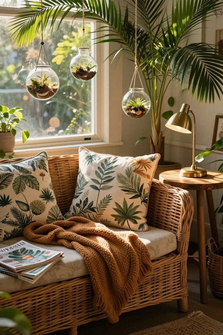 Sunlit indoor corner featuring a wicker loveseat with green leaf-patterned cushions, a tan knit throw blanket, stacked magazines, hanging glass terrariums with plants, potted greenery, a brass lamp on a wooden side table, and a large potted palm nearby.
