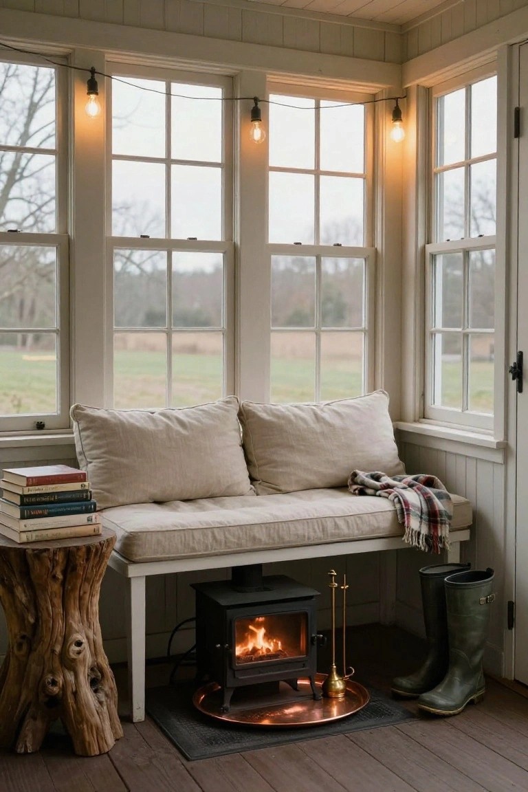 Corner bench with beige cushions and plaid blanket under triple windows, stack of books on wood stump table, small wood-burning stove on mat with fire lit, green rubber boots nearby, in white shiplap room with string lights and view of fields outside.