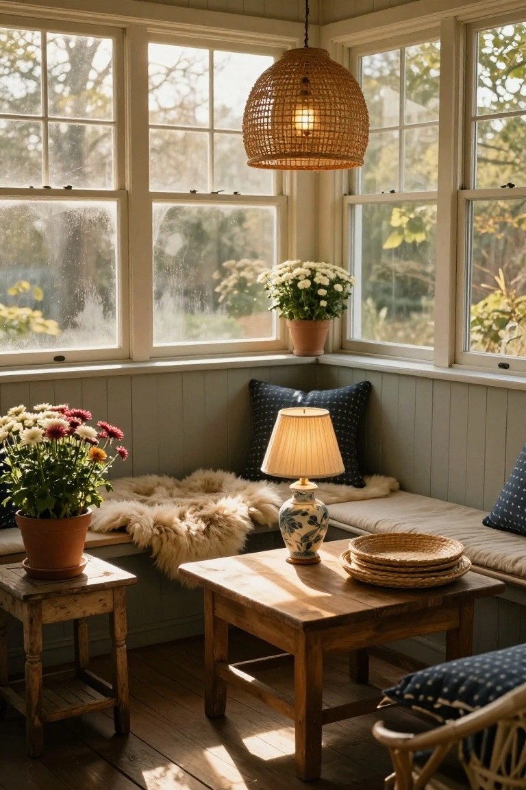 Sunlit corner of a paneled sunroom with a built-in cushioned bench along large windows, topped with a sheepskin throw and pillows, a wooden table holding woven trays and a blue vase, potted plants, and lamps.
