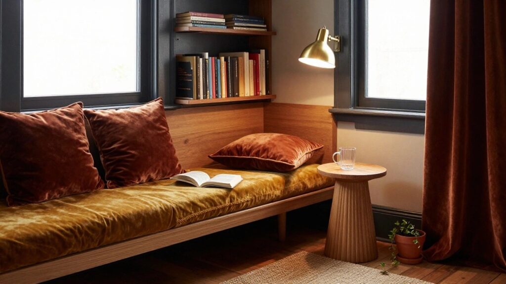 Dark-walled interior reading nook with wooden bookshelves filled with books, a built-in wooden bench upholstered in orange velvet with matching pillows, large window with amber curtains and roller shade, brass wall lamp, carved wooden pedestal table with glass of amber drink, potted ivy plant, and jute rug on wood floor.