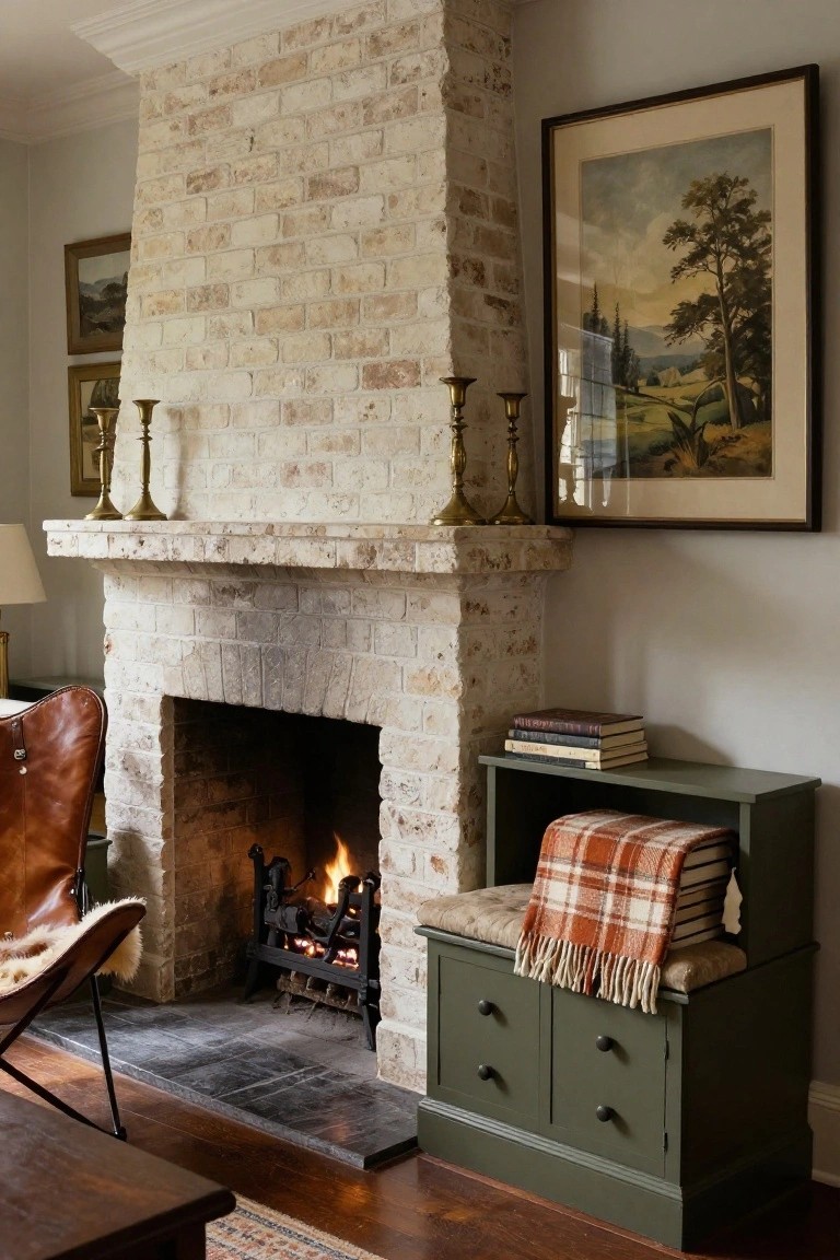 White brick fireplace with burning fire in a living room, brown leather Eames-style chair nearby, green wooden bench with plaid blanket, books, and cushion beside the hearth, brass candlesticks on mantel, and framed landscape painting on wall.