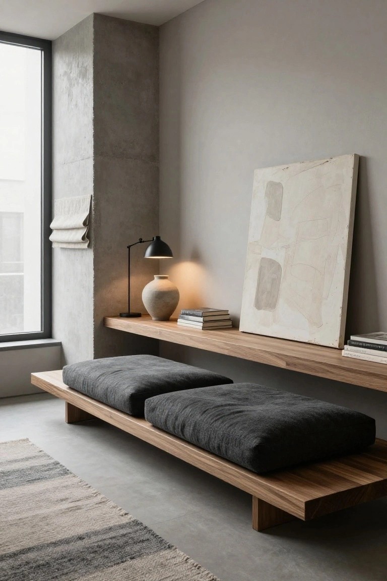 Minimalist indoor corner featuring a low wooden platform bench with two gray cushions, wooden shelves above holding stacked books, a ceramic vase, and a black desk lamp, beside a concrete wall, large window, abstract painting, and rolled linen fabric.