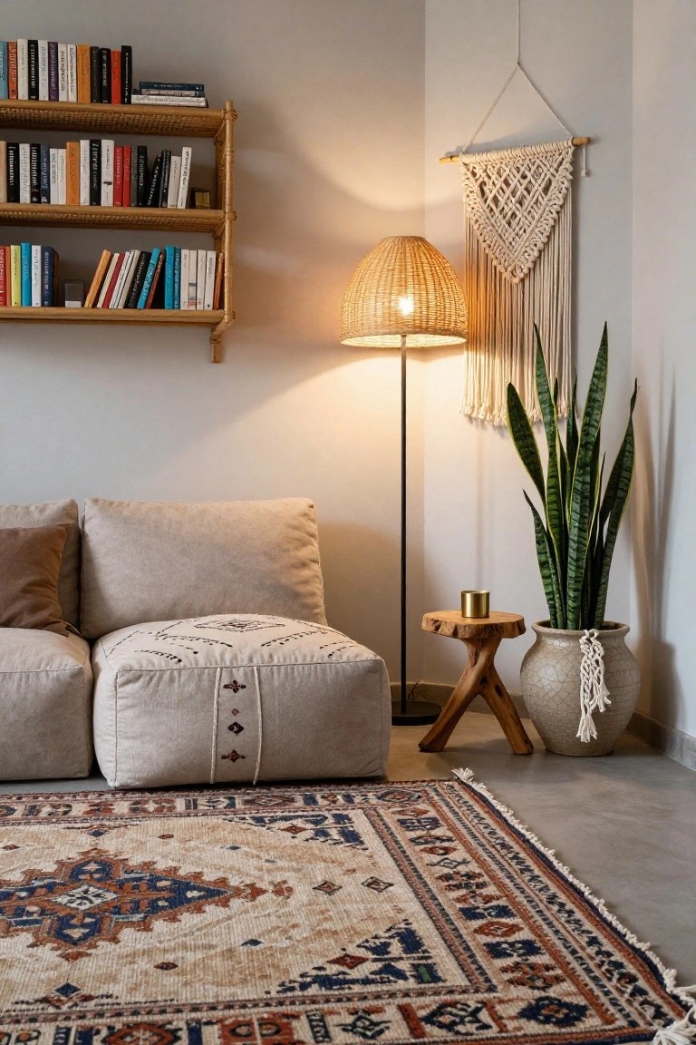 Indoor corner reading nook with wooden bookshelves filled with books, beige modular sofa and patterned pouf, rattan floor lamp, snake plant in textured pot, macrame wall hanging, wooden side table, and patterned rug on concrete floor.