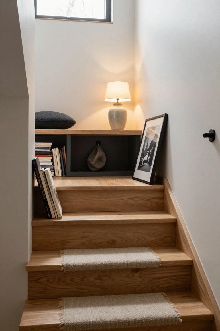 Wooden staircase with built-in shelves holding stacked books, a ceramic lamp, framed black-and-white photo, gray cushion, and beige hat, beside a white wall and window.