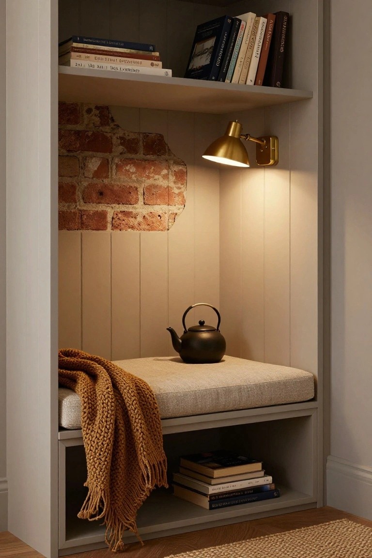 Built-in wooden bookshelf unit with upper shelves holding stacked books, lower bench seat with beige cushion, orange knit throw, black teapot, exposed brick wall in recess, gold wall lamp, beige paneled walls, and wood floor.