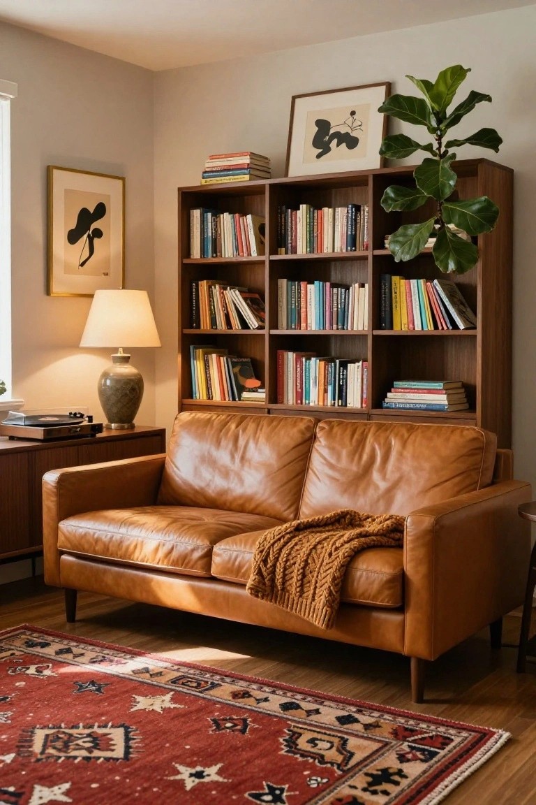 Interior corner with tall wooden bookshelves filled with books and topped by a fiddle leaf fig plant, tan leather loveseat with knit throw, ceramic lamp and vase on side table, record player on credenza, and red patterned rug on wood floor.