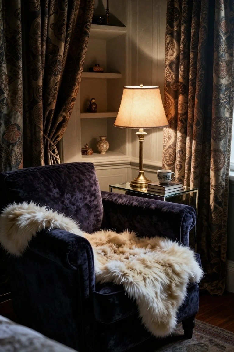 Purple velvet armchair draped with a white fluffy fur throw next to a glass side table holding a lamp, teacup, and books in a room with patterned drapes and warm lighting.