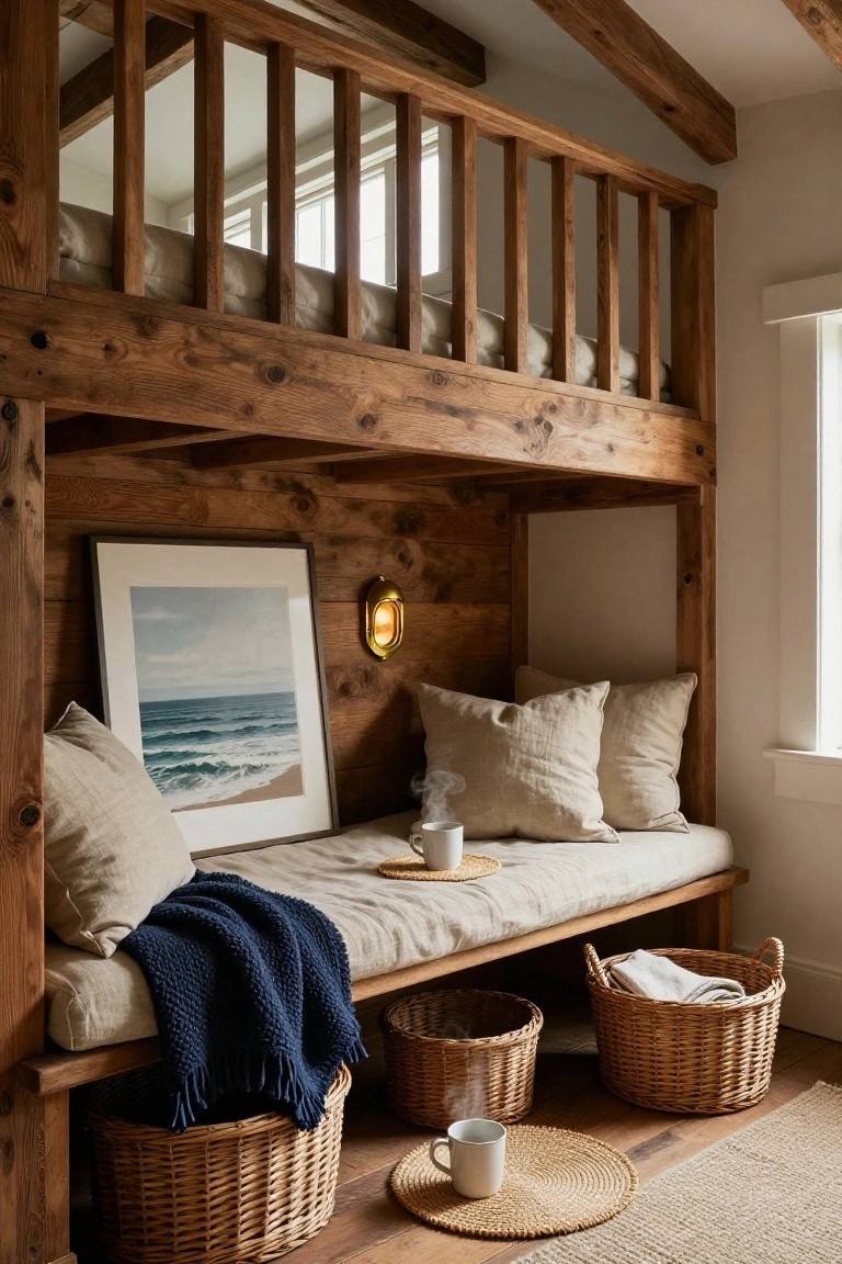 Wooden loft bed structure with built-in bench seating below, linen pillows, navy throw blanket, seascape artwork, brass wall lamp, wicker baskets holding linens and a steaming mug, and woven coasters on a light wood floor with beige rug.