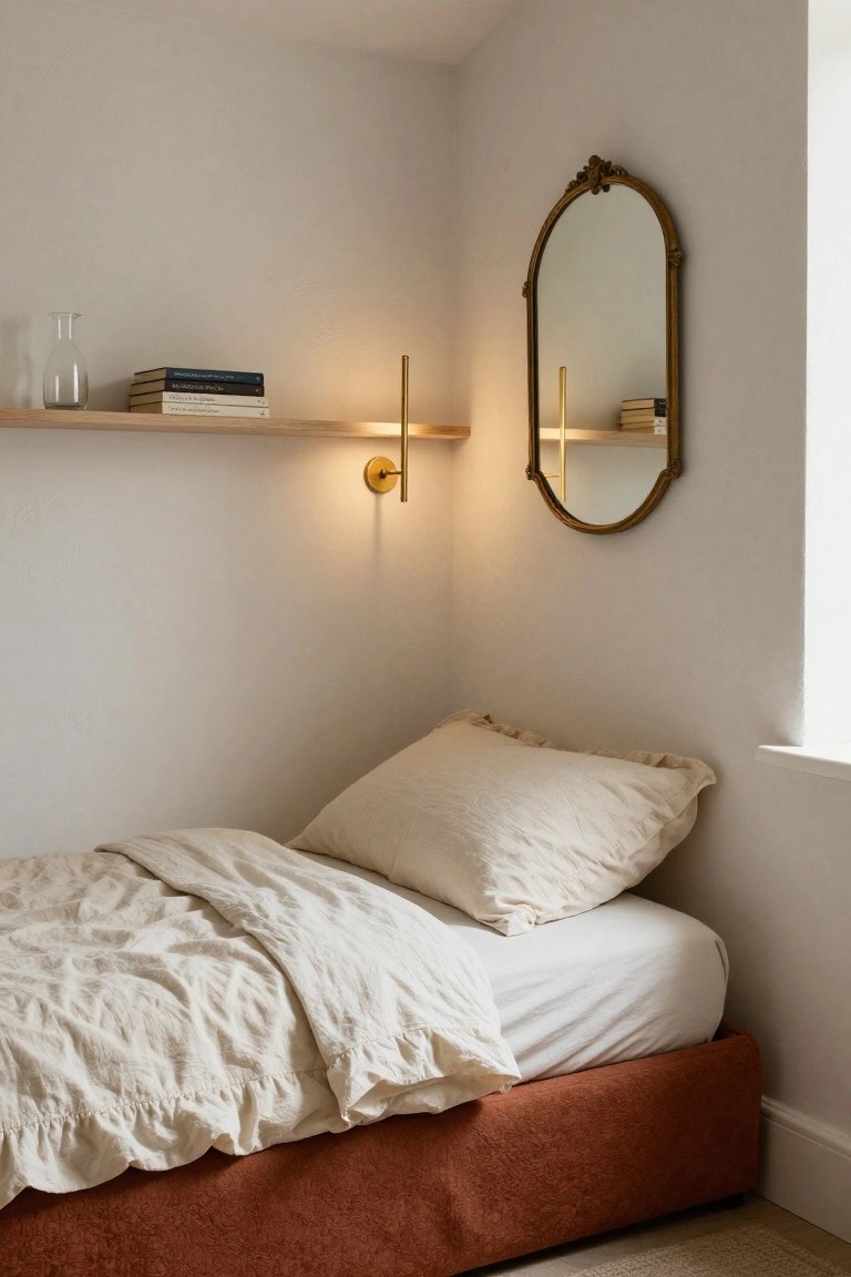 Small single bed with rumpled cream linens and rust fabric-upholstered frame in a corner bedroom with light walls, floating wooden shelves holding stacked books and a glass vase, lit gold wall sconce, and ornate gold mirror nearby.