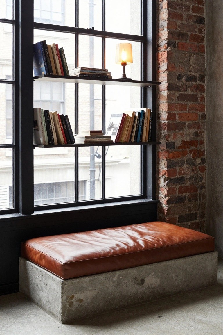 Reading nook interior with a brown leather bench on a gray concrete base positioned under a tall black-framed window, flanked by floating wooden bookshelves on exposed brick walls, and a small lamp on one shelf.