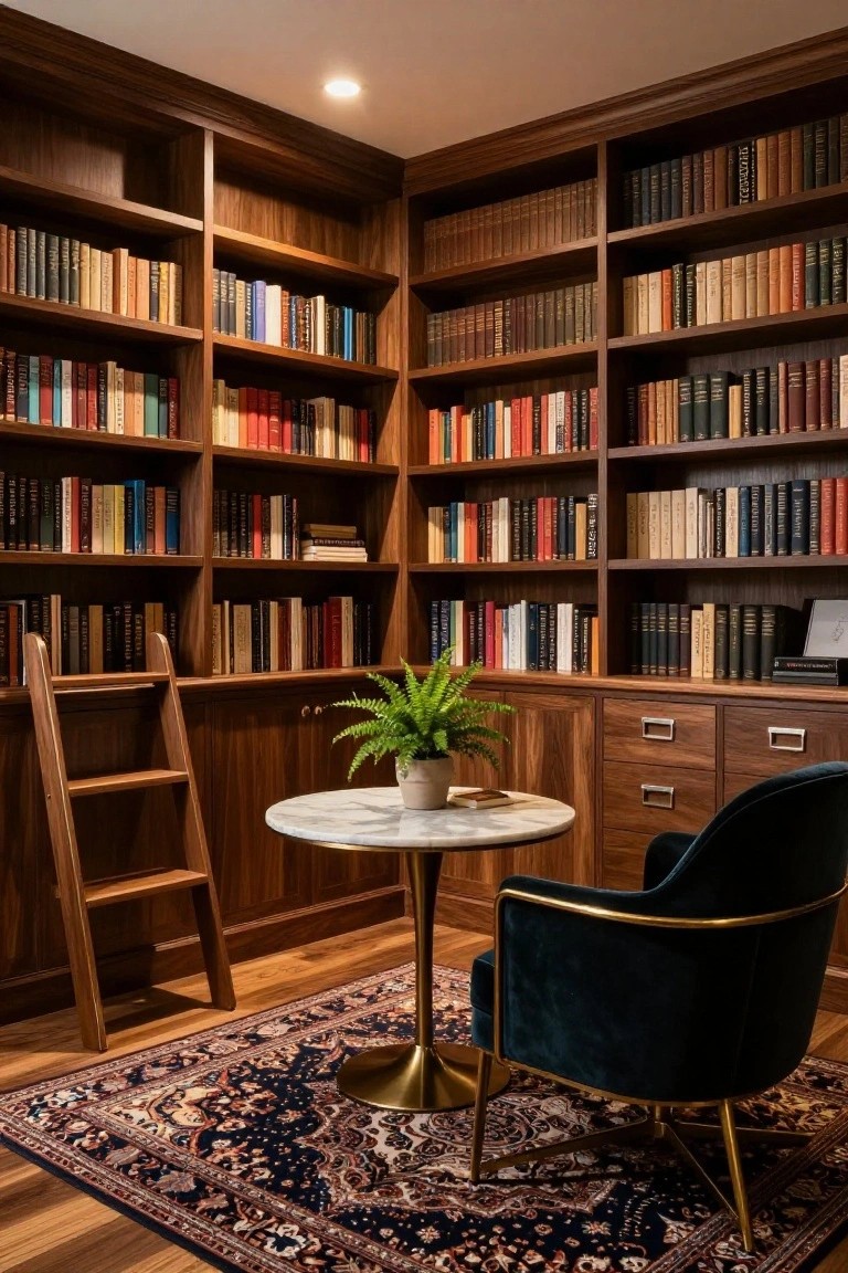 Corner office with dark wood floor-to-ceiling bookshelves filled with assorted books, wooden library ladder leaning against shelves, round white marble table holding a potted fern and books, green velvet armchair, and patterned rug on wood floor.