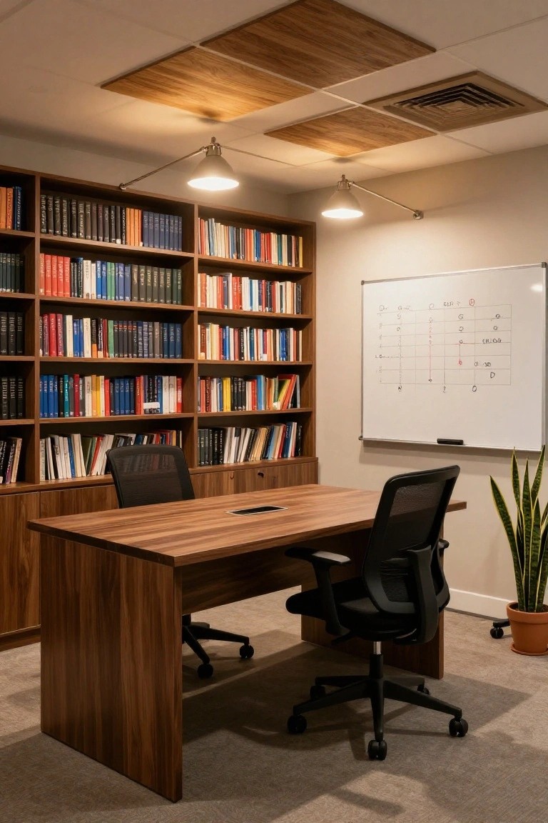 Modern home office featuring tall wooden bookshelves on two walls filled with books, a wooden desk with two black mesh office chairs, a whiteboard with diagrams, two pendant lights, and a potted snake plant in the corner.
