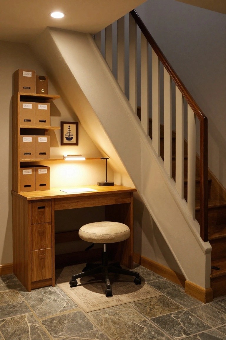 Wooden desk with drawers and shelves stacked with cardboard file boxes under a staircase, task lamp lit on desk, stool nearby on slate tile floor in beige-walled basement.