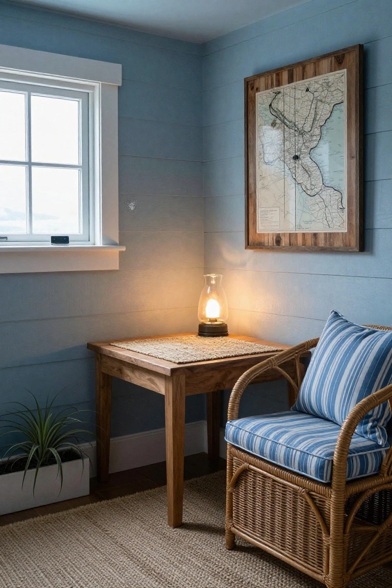 Light blue shiplap-walled room corner with wooden side table topped by seagrass placemat and glass lantern lamp, blue-striped rattan armchair, potted spiky plant, framed antique map on wall, and small window.