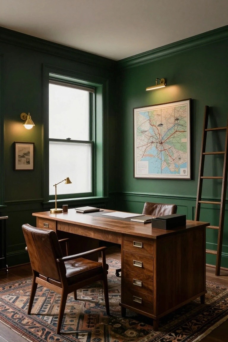 A green-paneled corner office with wooden desk, leather chairs, brass wall sconces and desk lamp, large framed map, small artwork, and wooden ladder leaning on the wall over an oriental rug.