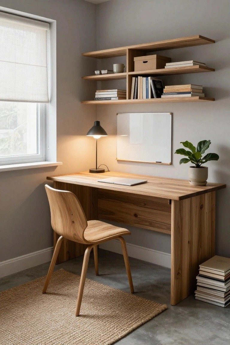 Cozy corner home office with light wooden desk, matching wooden chair, floating wooden shelves holding books and boxes, desk lamp, whiteboard, potted plant, and window with white roller blind on gray walls over seagrass rug.